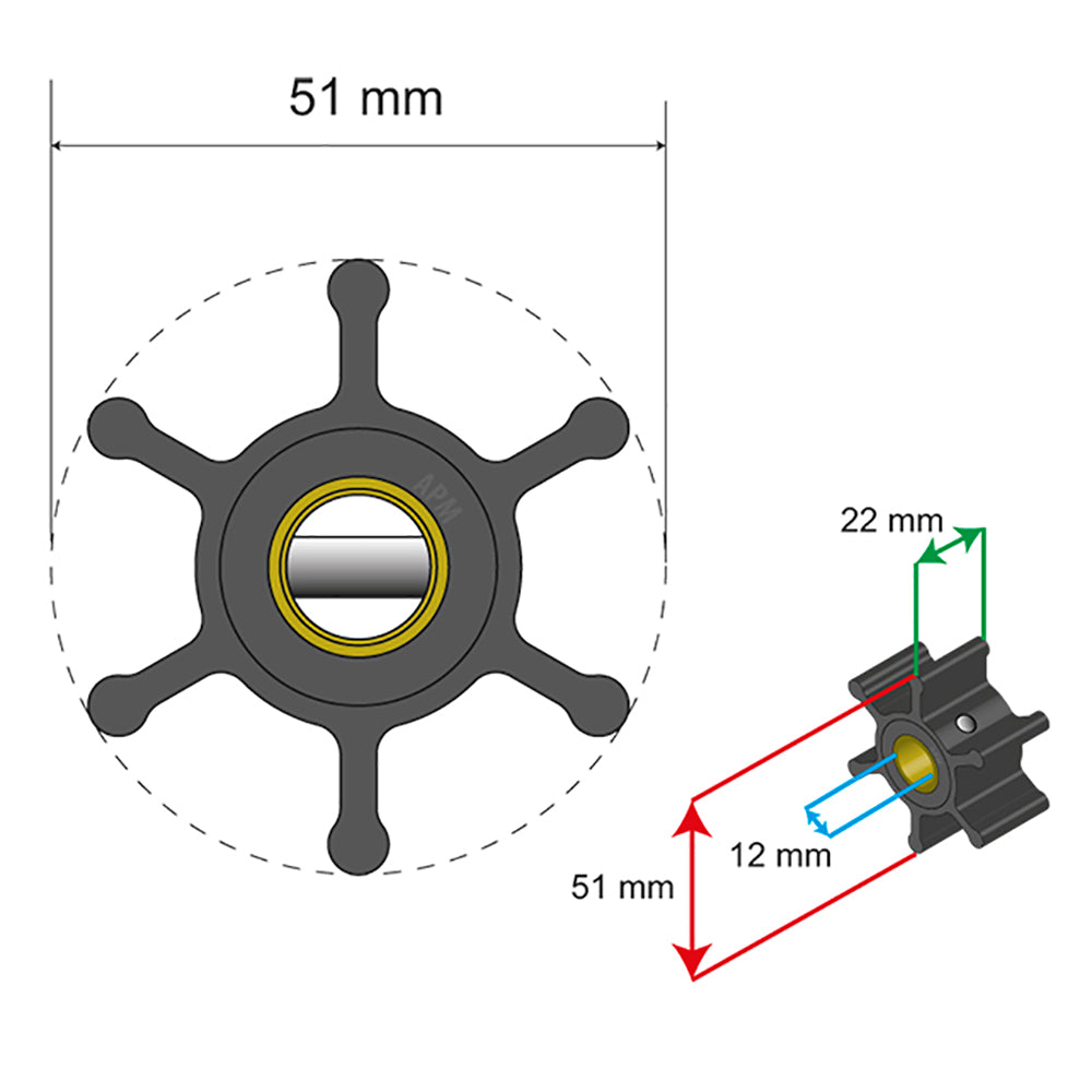 Albin Group Premium Impeller Kit - 51 x 22 x 12mm - 6 Blade - Pin Insert [06-01-005]