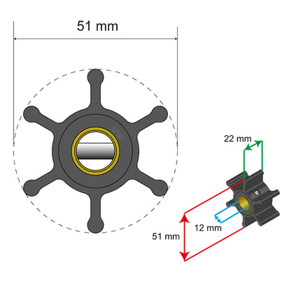 Albin Group Premium Impeller Kit - 51 x 22 x 12mm - 6 Blade - Pin Insert [06-01-005]